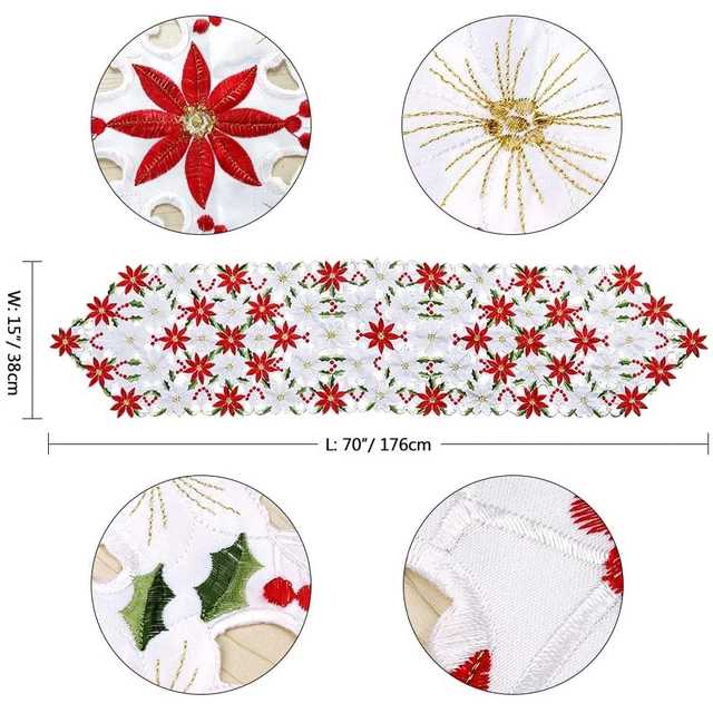 Embroidered Table Runner and 4 Doily Table Mats Set Beautiful Poinsettia Design