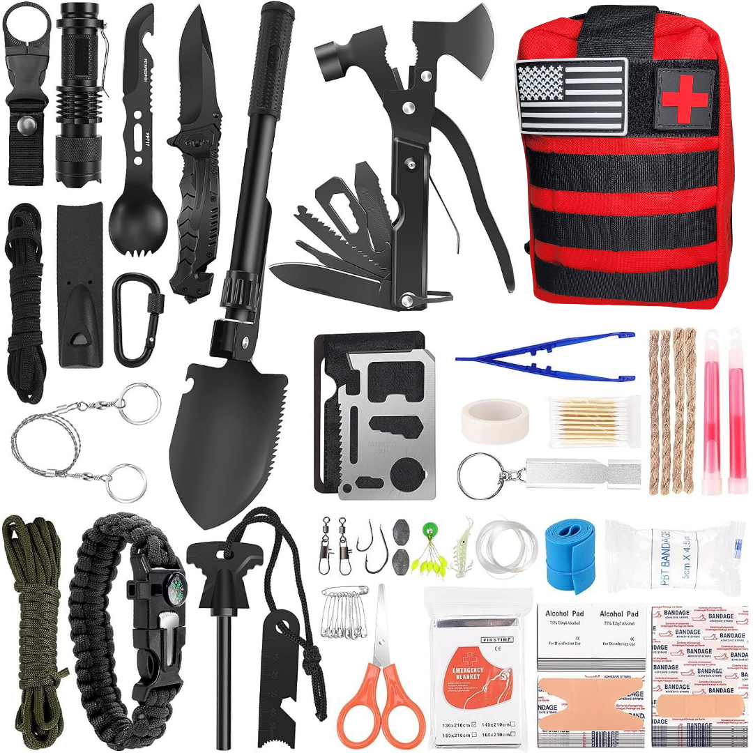 Compact Emergency Survival Kit For Camping, Hunting, Hiking, Car, RV, Bug Out Bag Molle Pouch & American Flag Patch