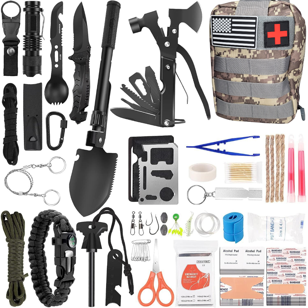 Compact Emergency Survival Kit For Camping, Hunting, Hiking, Car, RV, Bug Out Bag Molle Pouch & American Flag Patch