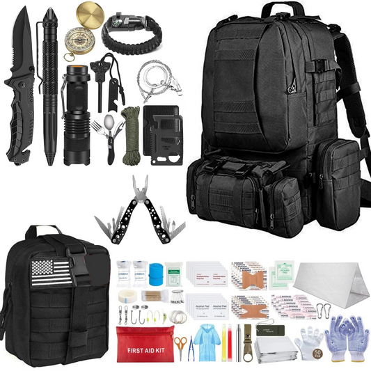 60L Tactical Backpack WITH 152 piece Emergency Survival Kit Molle Pouch for Camping Hunting Hiking Car Bug Out Bag Black