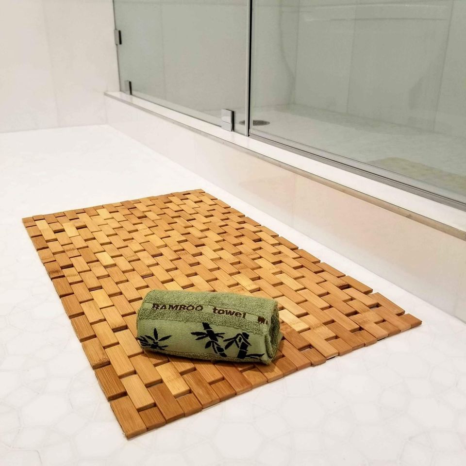 Elegant Bamboo Bath Mat & Bamboo Hand Towel Luxurious Shower Mat Eco-Friendly for Bathroom & Kitchen Large 27" x 16"