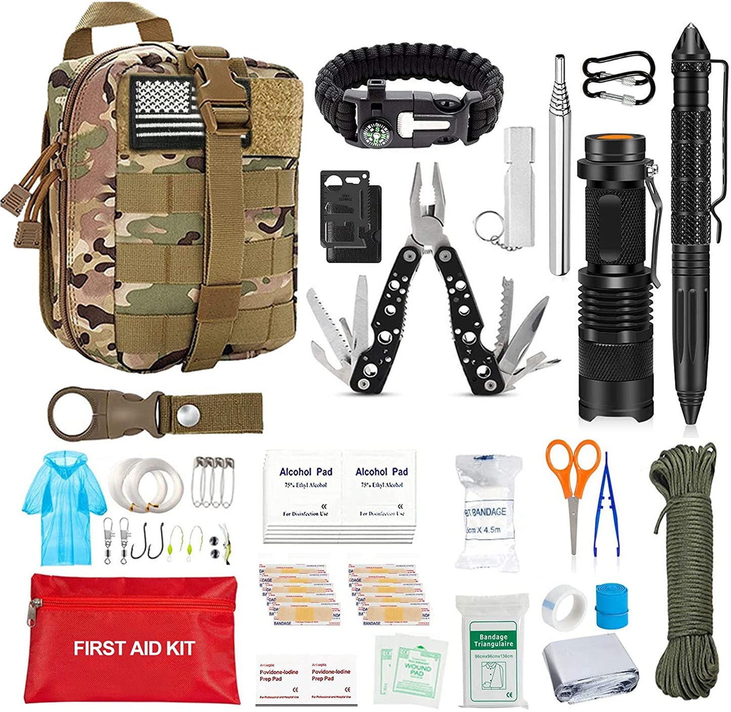 152 Piece Emergency Survival Kit For Camping, Hunting, Hiking, Car, RV, Bug Out Bag Molle Pouch & American Flag Patch