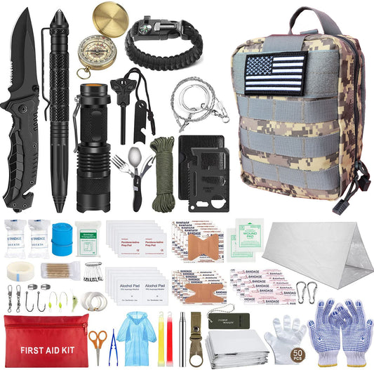 152 Piece Emergency Survival Kit For Camping, Hunting, Hiking, Car, RV, Bug Out Bag Molle Pouch & American Flag Patch