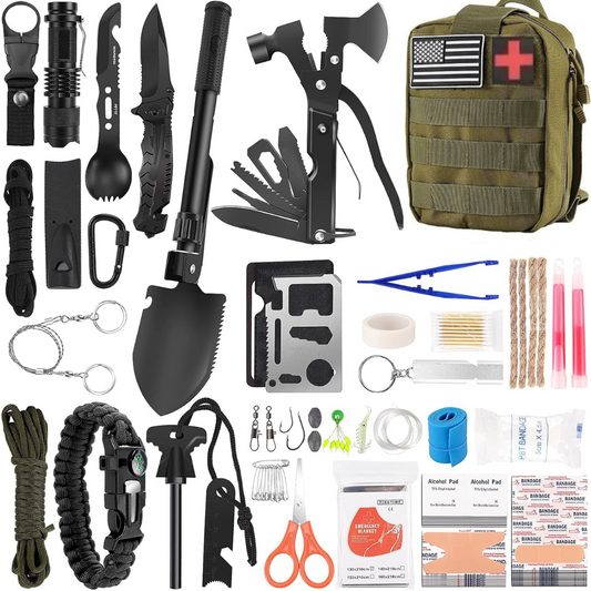 Compact Emergency Survival Kit For Camping, Hunting, Hiking, Car, RV, Bug Out Bag Molle Pouch & American Flag Patch