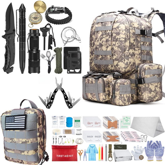 60L Tactical Backpack WITH 152 piece Emergency Survival Kit Molle Pouch for Camping Hunting Hiking Car Bug Out Bag ACU Camo