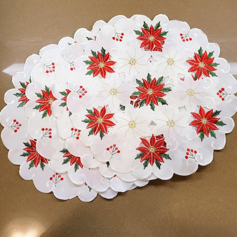 Embroidered Table Runner and 4 Doily Table Mats Set Beautiful Poinsettia Design